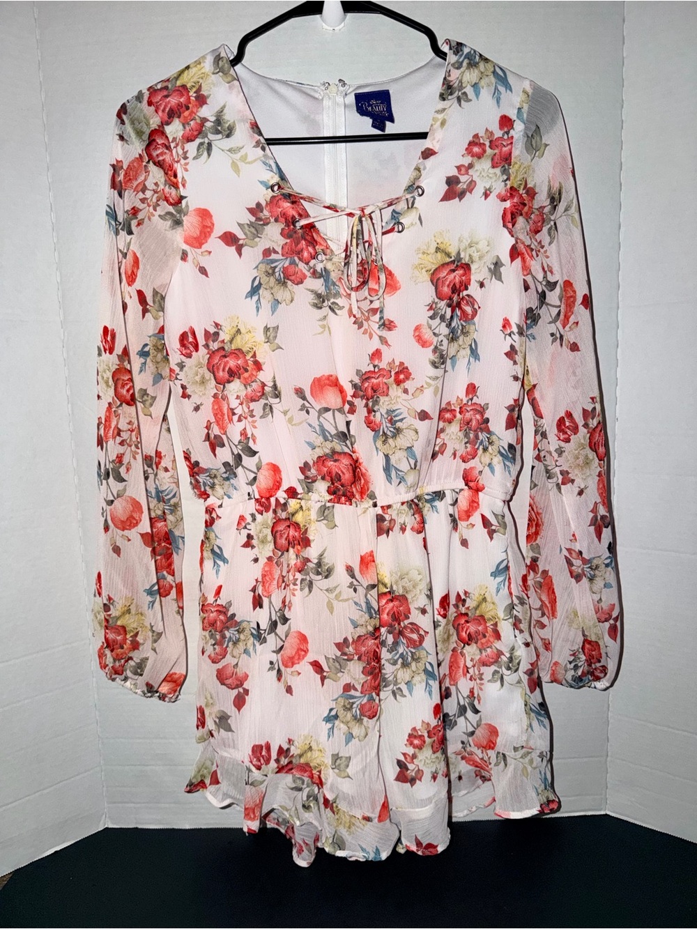 Disney White Floral Lace-Up Peasant Tunic with Red and Green Accents.